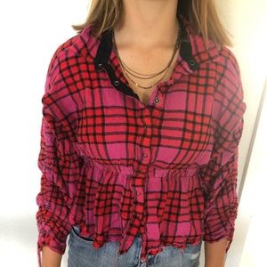 Red Plaid Free People Long Sleeve Tee-Shirt